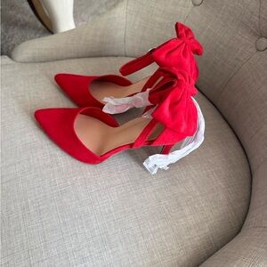Red Bow Ankle-Strap Pointed-Toe Pumps